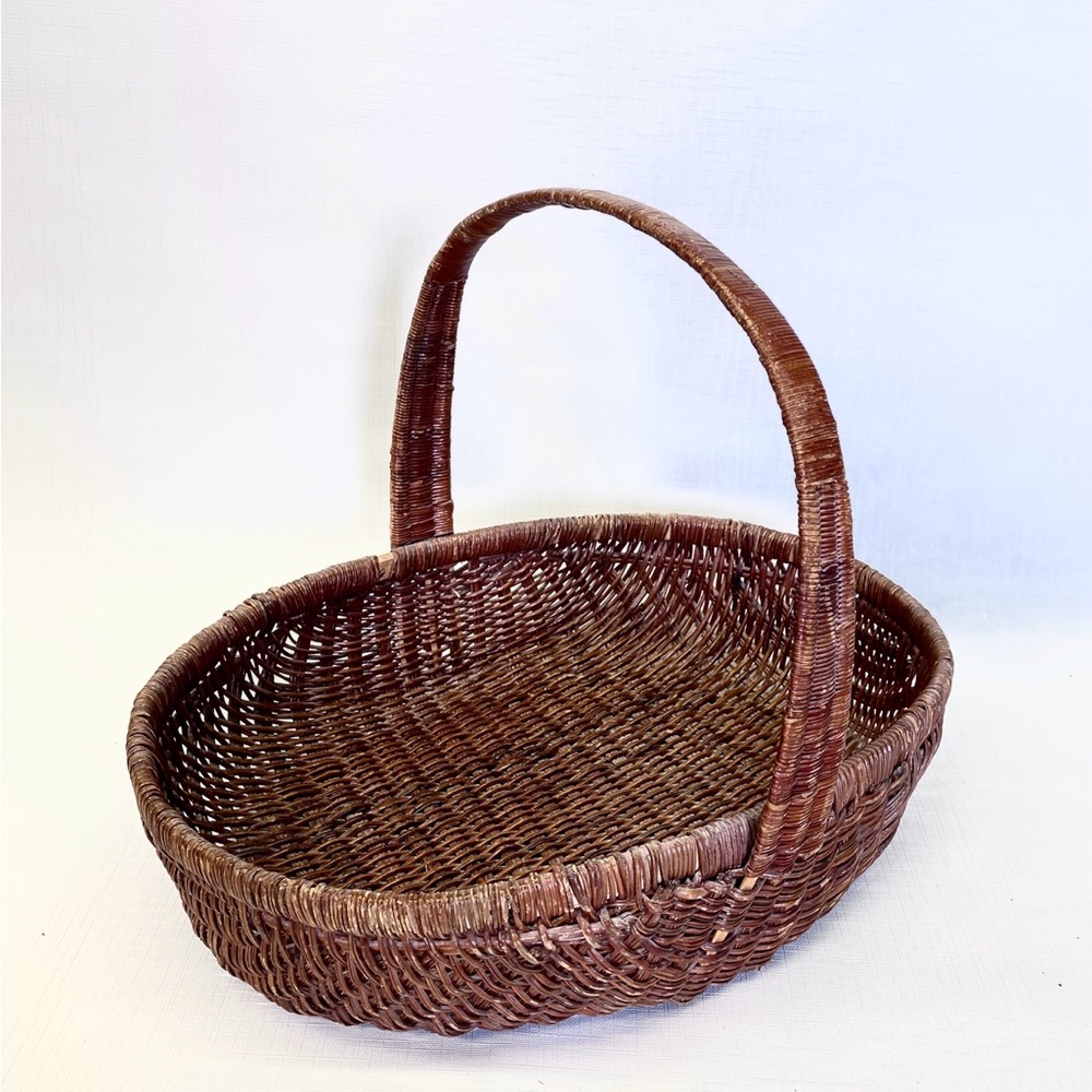 VINTAGE Large Woven Gathering Basket MCM 15” Oval Market Garden Basket 1970-80’s